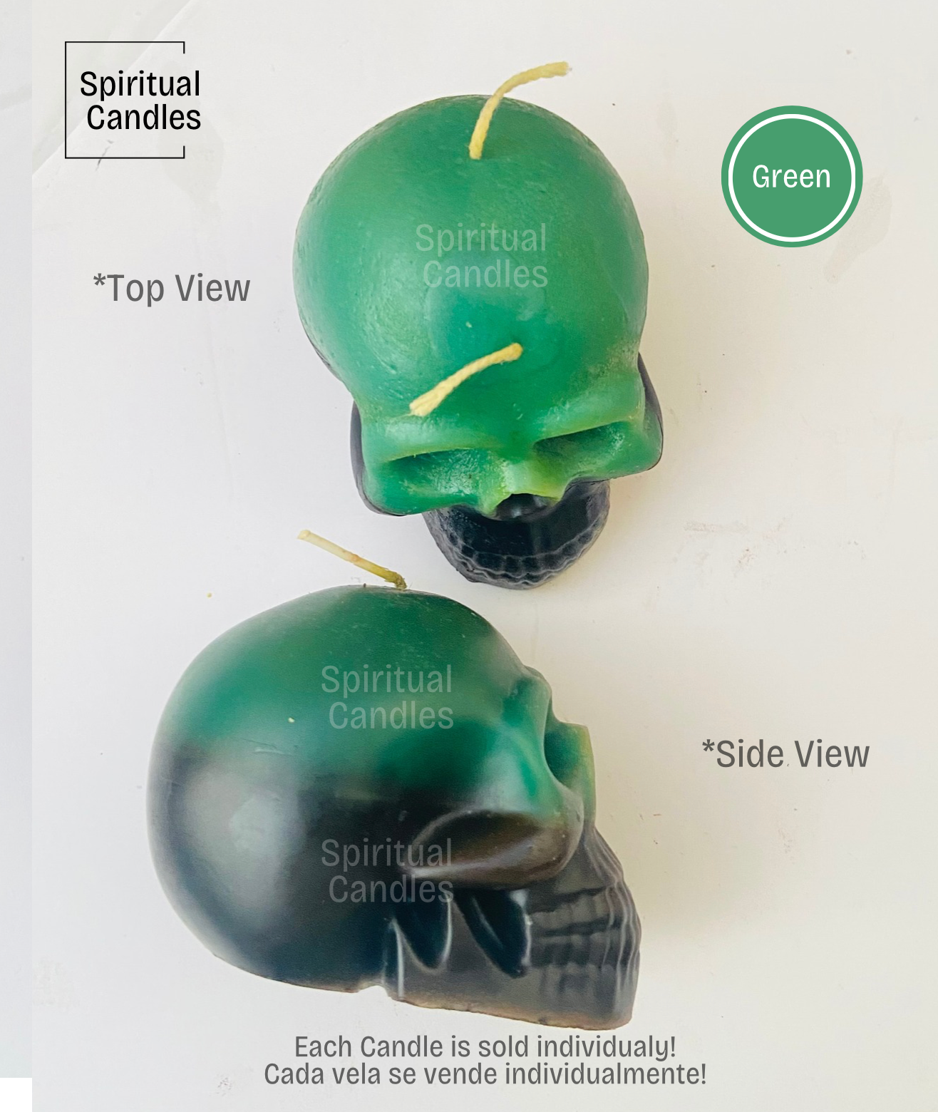 Green Reversible Skull Candles, Spell Candles, Ritual Candles, Velas de Calavera reversible Verde, Velas para Hechizos
