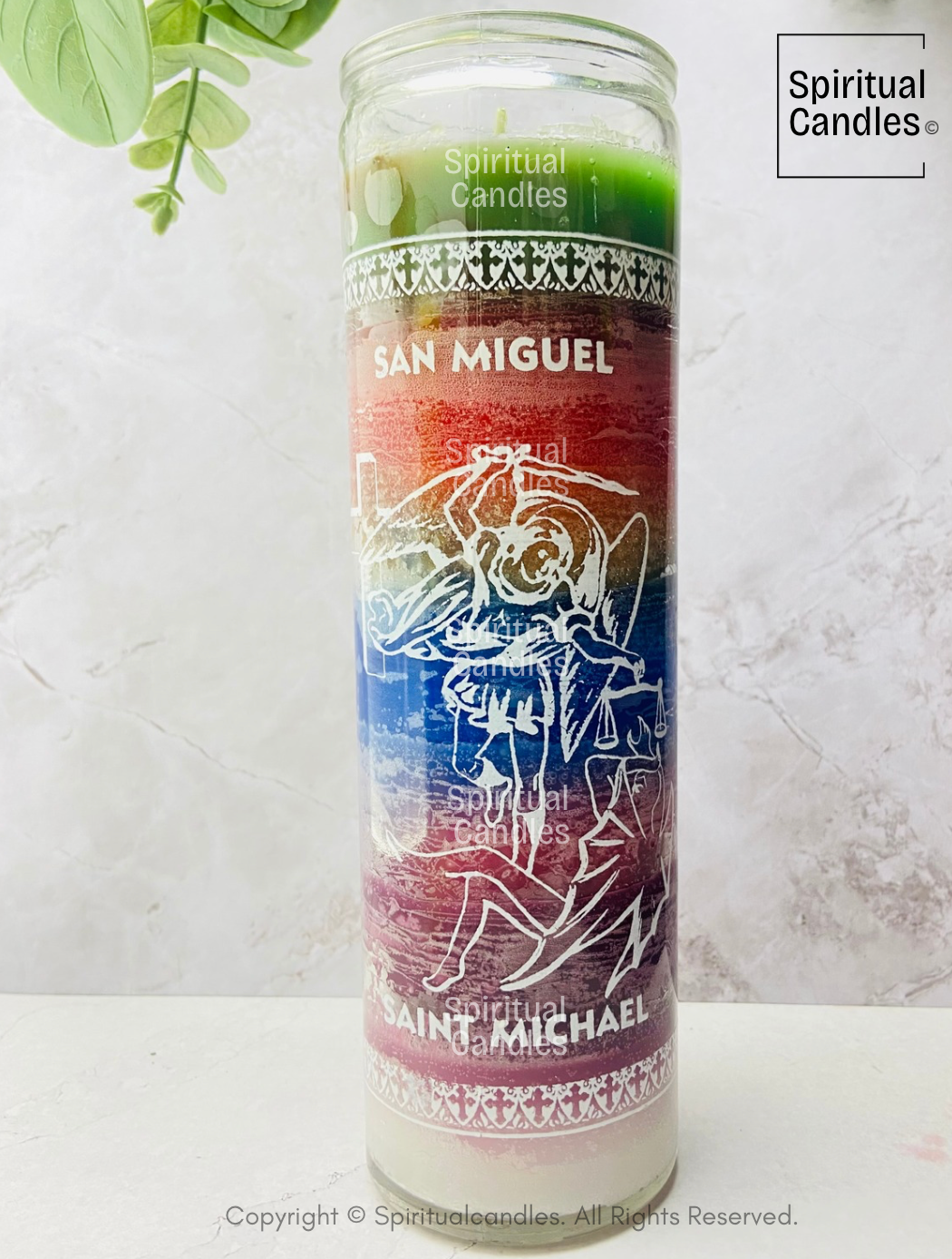 Seven Color Saint Michael Spiritual Glass Candle, Vela Espiritual de Siete Colores de San Miguel