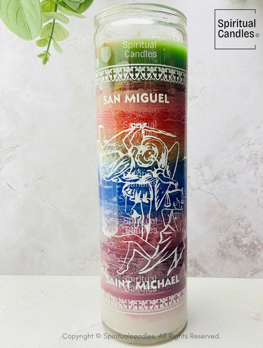 Seven Color Saint Michael Spiritual Glass Candle, Vela Espiritual de Siete Colores de San Miguel