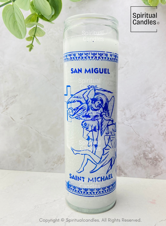 White Saint Michael Spiritual Glass Candle, Vela Espiritual Blanco de San Miguel