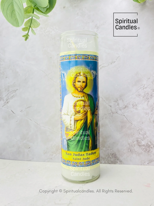 White Saint Jude Spiritual Glass Candle, Vela Espiritual Blanco de San Judas
