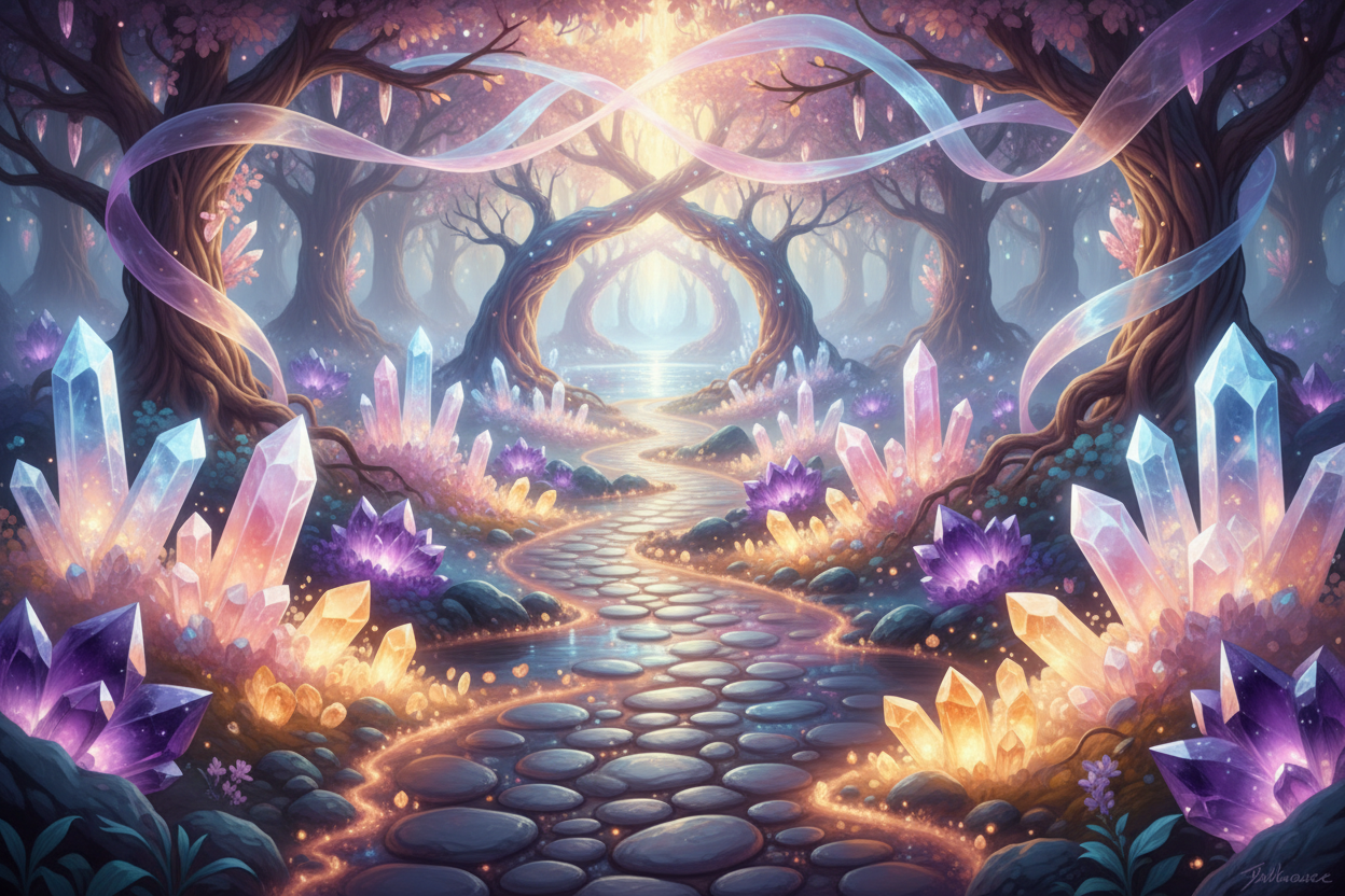 spiritual aura pathway with crystals and healing serenity enchanted place
